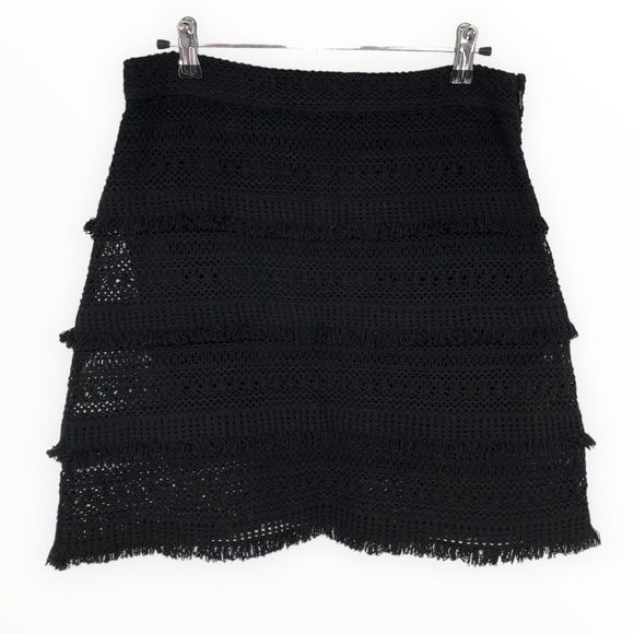 Joie Serena Fringe Mini Skirt in Black Caviar Woven Knit Loop Trim size 4 NWT - Picture 2 of 7